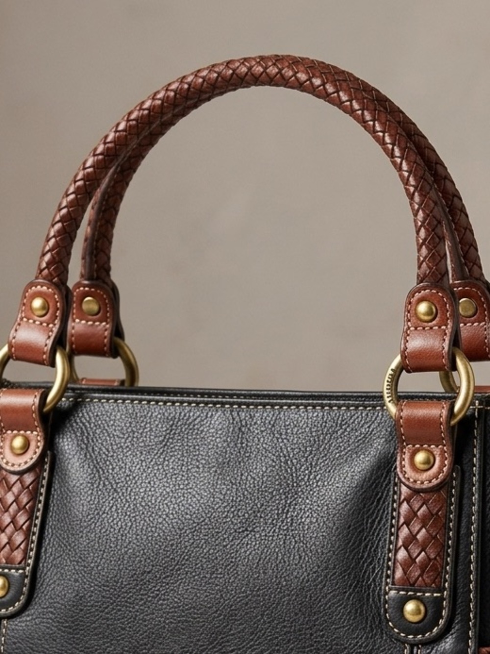 Fossil black leather with cream stitching, double braided handles, - Picture 7 of 14